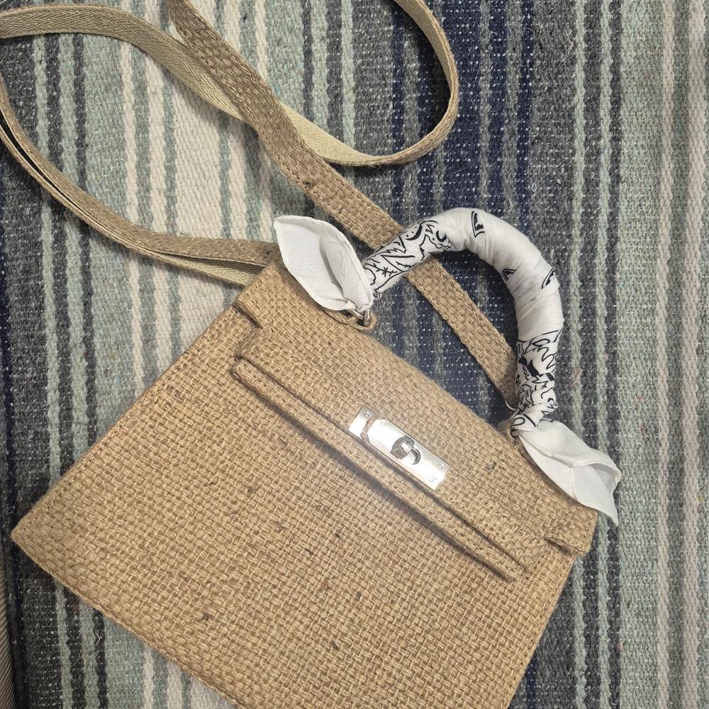 Elegant Tan Woven Handbag with Scarf Accent